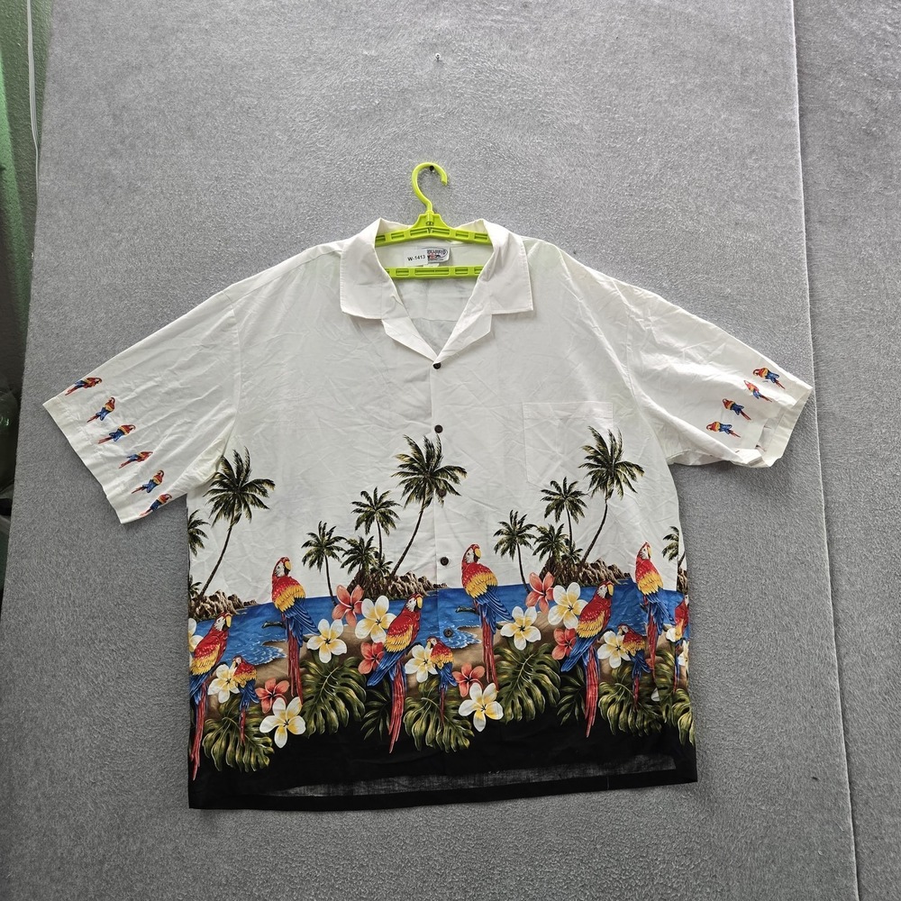 Pacific Legend Apparel Men Button Up Shirt 4XL White Floral Parrots Palm‎ Trees